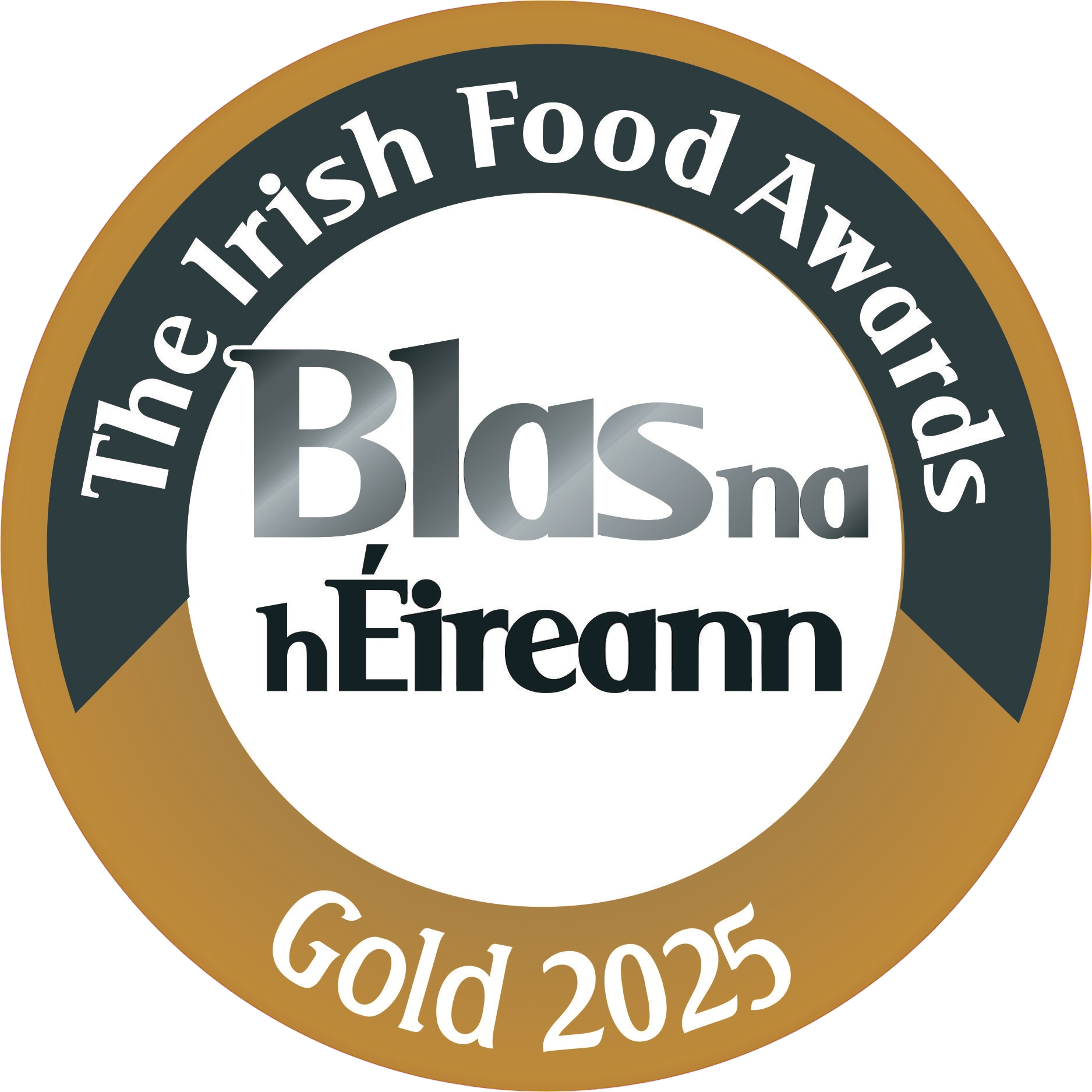 Blas na hÉireann Gold 2025 award badge for The Irish Food Awards, featuring circular design.