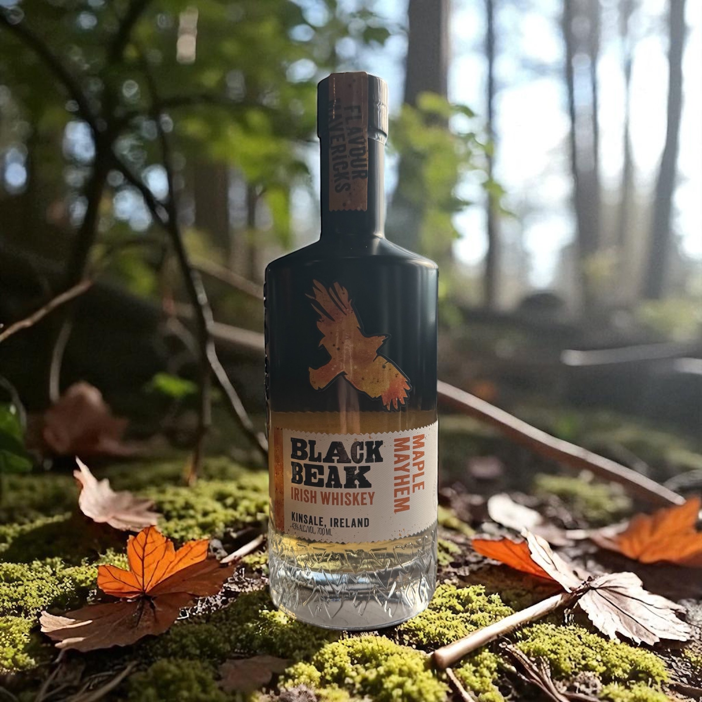 Photoroom_20251009_151008 Bottle of Black Beak Irish Whiskey on a forest floor with autumn leaves.
