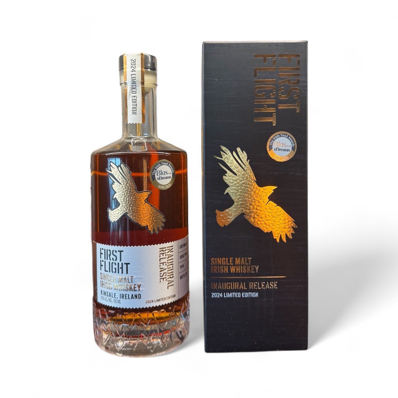 Photoroom_20251008_123448 Limited edition First Flight Irish whiskey bottle and box with gold detailing.